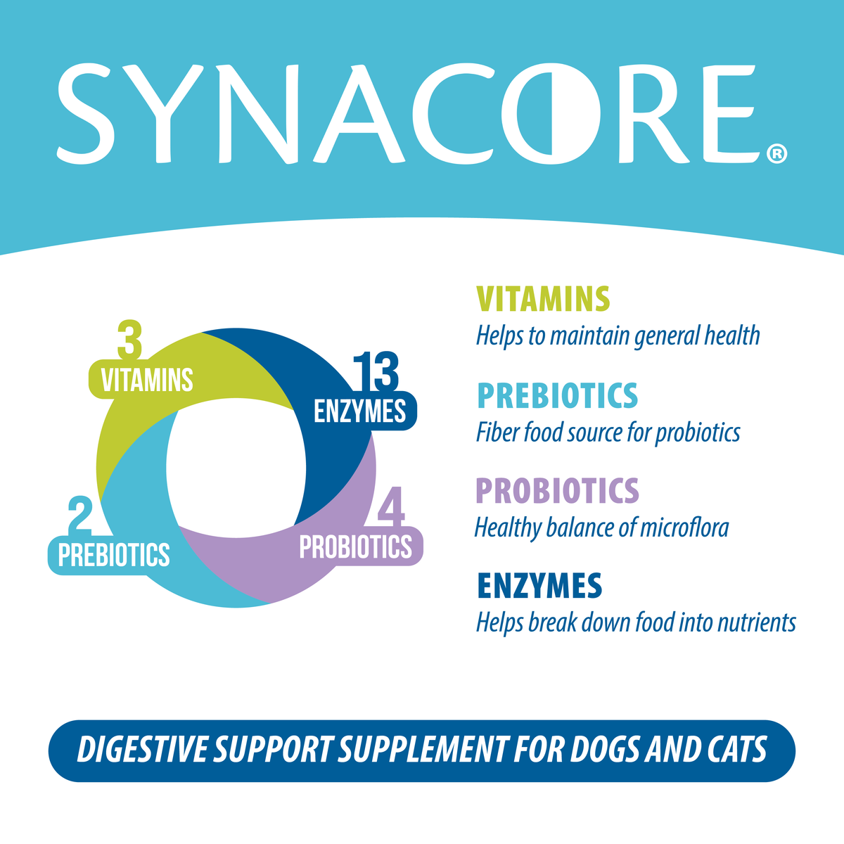 Cat Synacore - Uniquely formulated digestive support supplement containing a healthy amount of enzymes, probiotics, prebiotics and vitamins